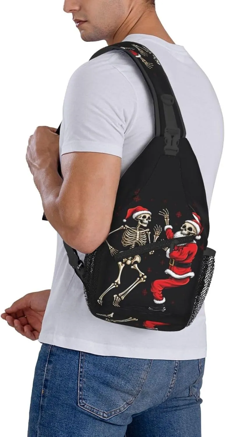 Christmas Father Skull Skeleton Sling Bag for Women Men, Dance Adjustable Rope Crossbody Single Shoulder Bag for Travel Hiking Cycling Gift