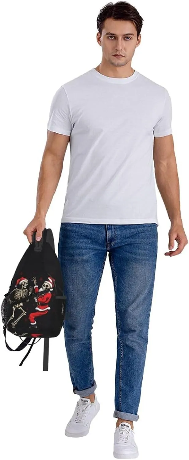 Christmas Father Skull Skeleton Sling Bag for Women Men, Dance Adjustable Rope Crossbody Single Shoulder Bag for Travel Hiking Cycling Gift