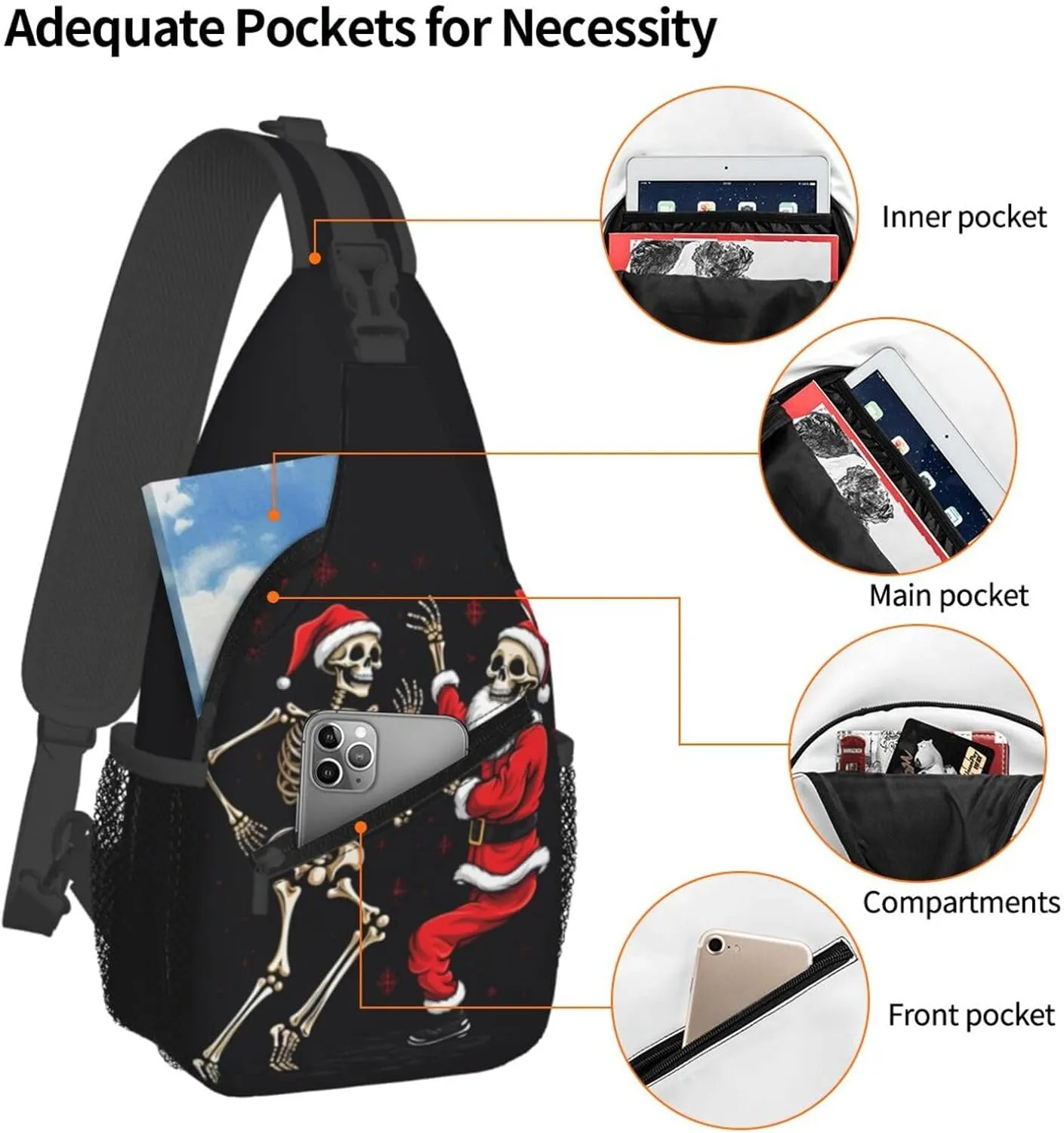Christmas Father Skull Skeleton Sling Bag for Women Men, Dance Adjustable Rope Crossbody Single Shoulder Bag for Travel Hiking Cycling Gift