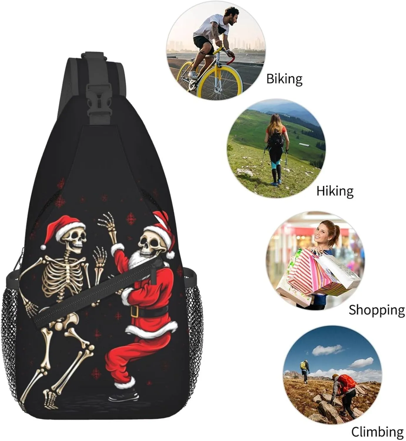 Christmas Father Skull Skeleton Sling Bag for Women Men, Dance Adjustable Rope Crossbody Single Shoulder Bag for Travel Hiking Cycling Gift