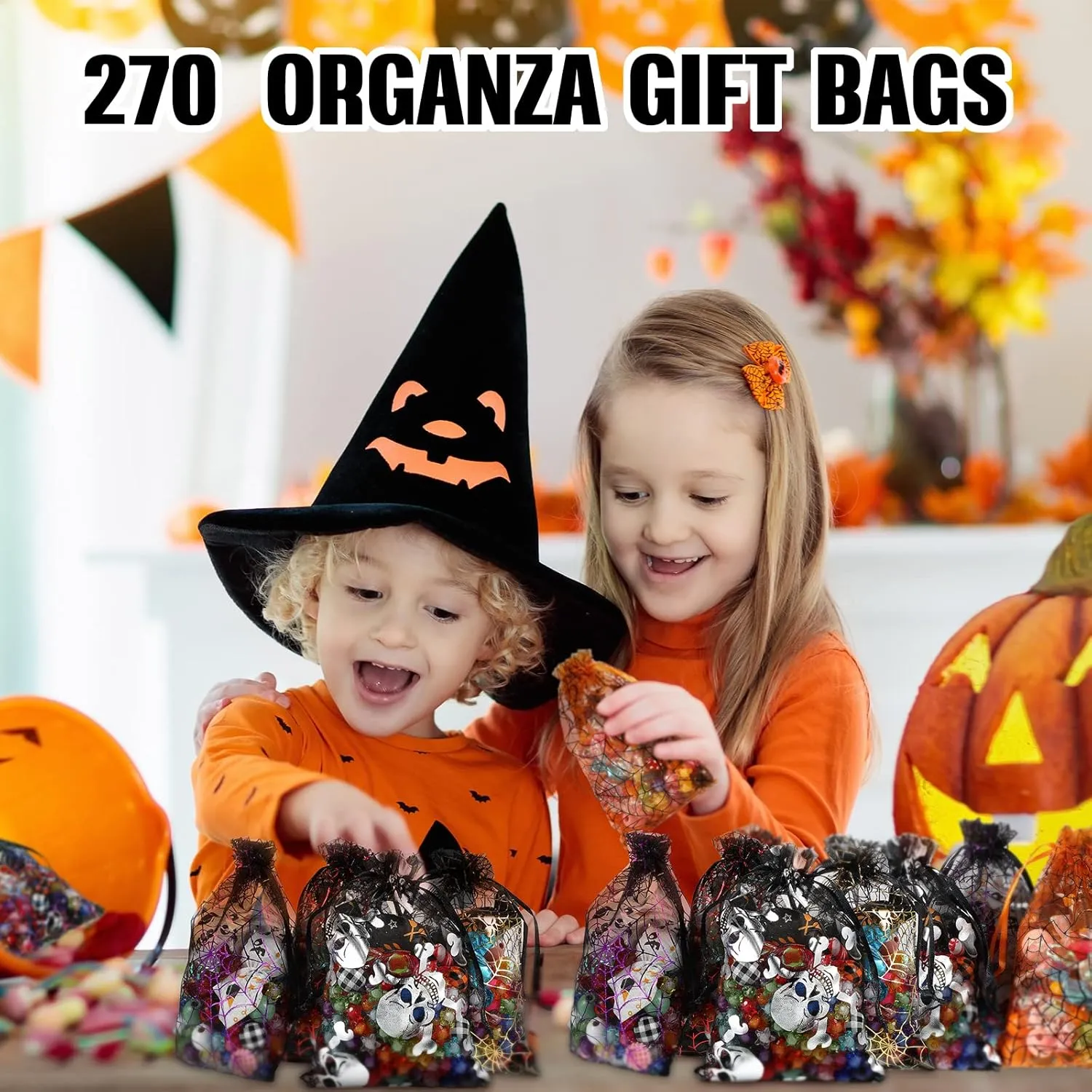 Chumia 270 Pcs Halloween Organza Bags Spider Web Skull Print Treat Bags with Drawstring Sheer Candy Gift Packing for Halloween Party Favors Supplies(4 x 5 Inch)