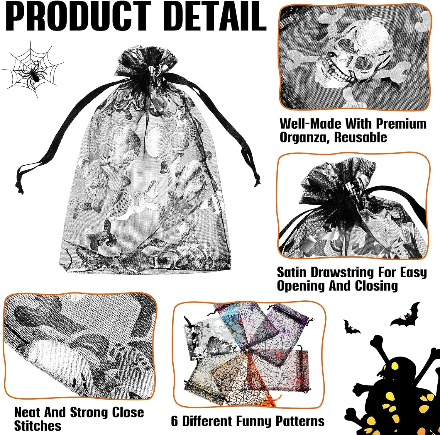 Chumia 270 Pcs Halloween Organza Bags Spider Web Skull Print Treat Bags with Drawstring Sheer Candy Gift Packing for Halloween Party Favors Supplies(4 x 5 Inch)