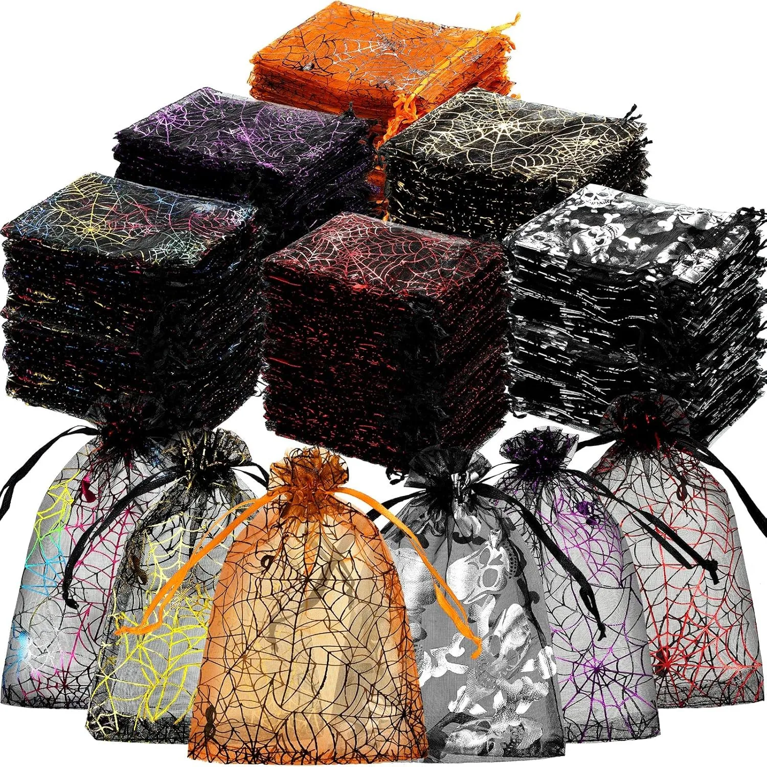 Chumia 270 Pcs Halloween Organza Bags Spider Web Skull Print Treat Bags with Drawstring Sheer Candy Gift Packing for Halloween Party Favors Supplies(4 x 5 Inch)