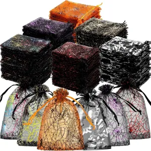 Chumia 270 Pcs Halloween Organza Bags Spider Web Skull Print Treat Bags with Drawstring Sheer Candy Gift Packing for Halloween Party Favors Supplies(4 x 5 Inch)