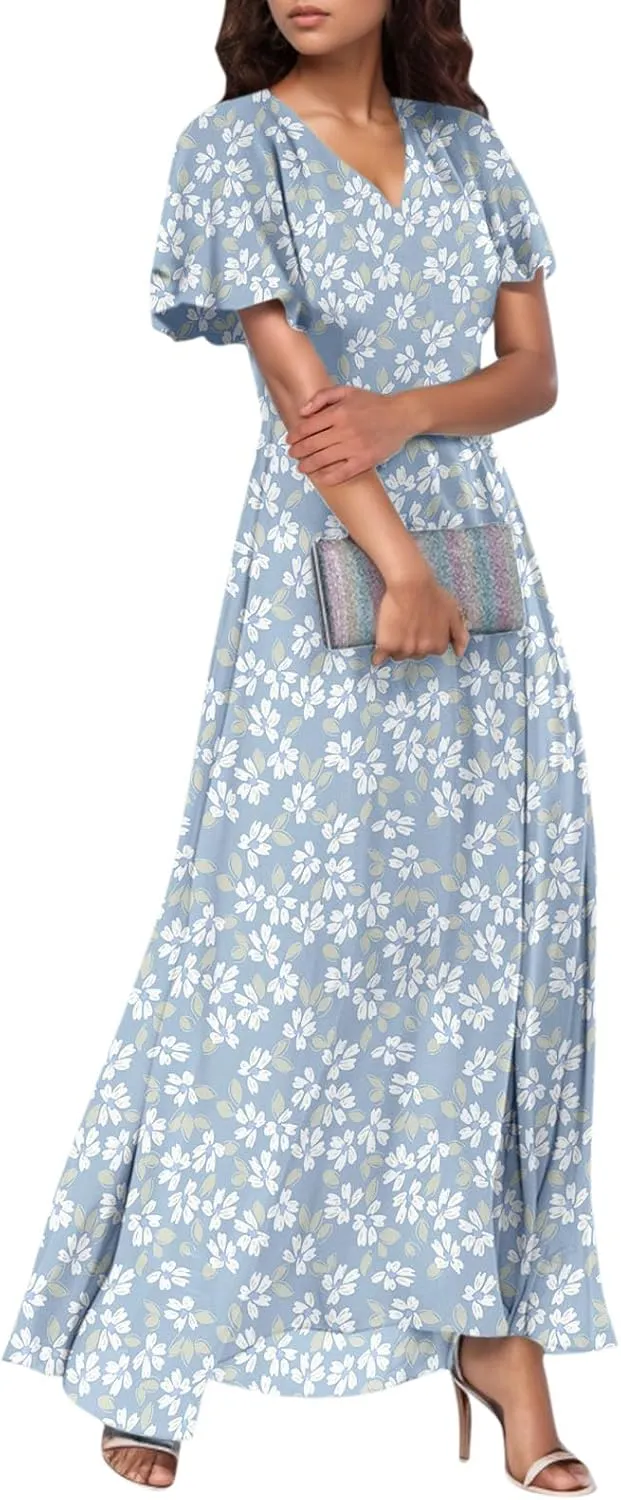 Church Dresses for Women 2025 Summer Short Sleeve Chiffon Floral Modest Dress Retro Boho Wedding Guest Dress