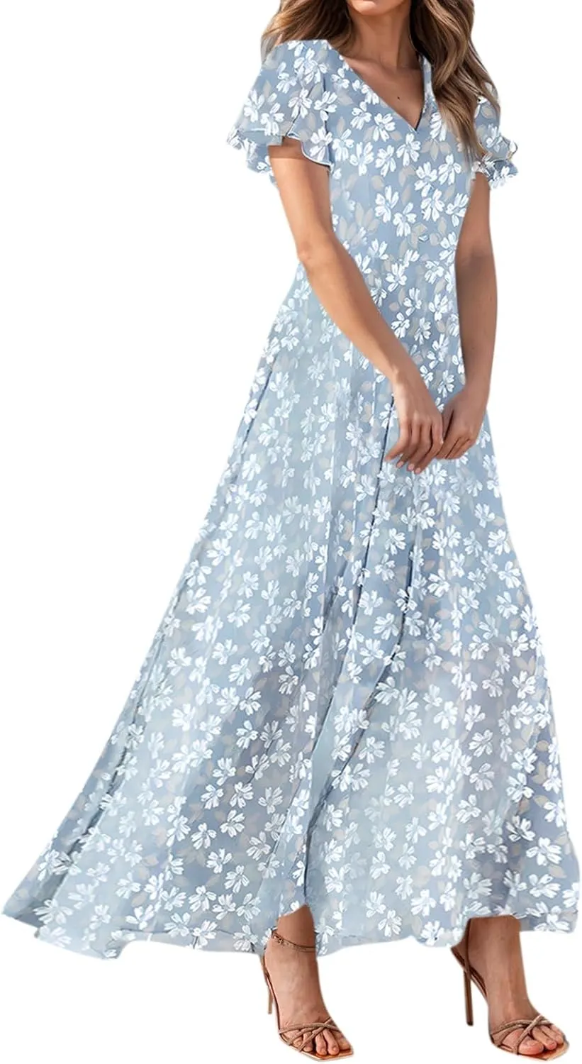 Church Dresses for Women 2025 Summer Short Sleeve Chiffon Floral Modest Dress Retro Boho Wedding Guest Dress
