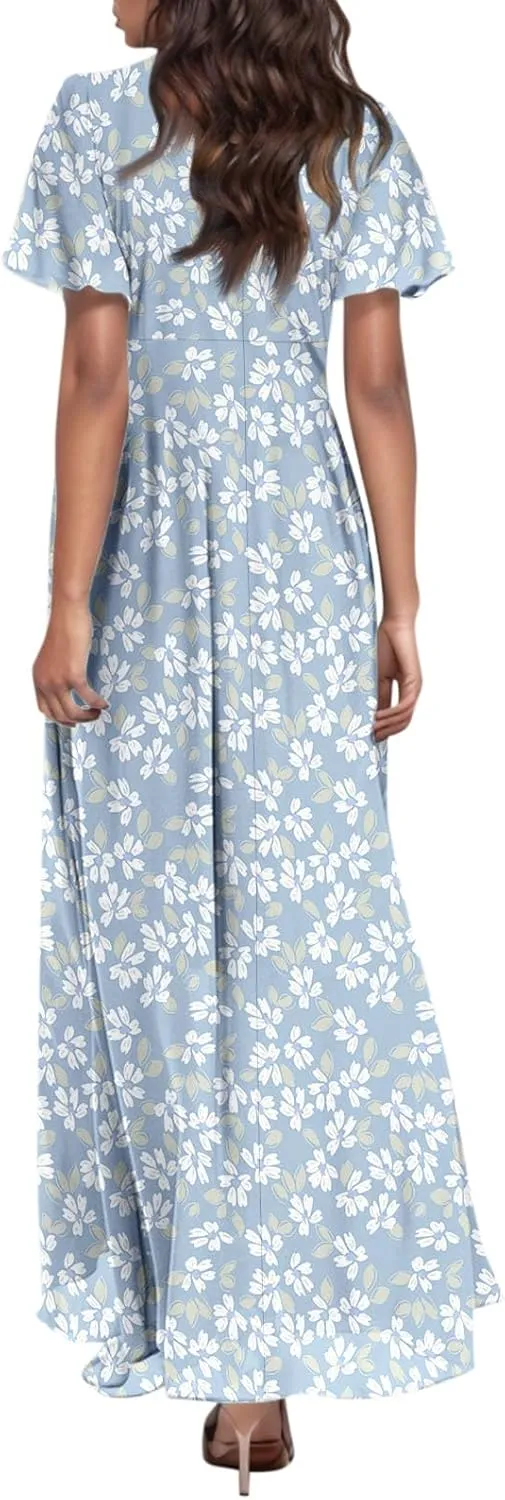 Church Dresses for Women 2025 Summer Short Sleeve Chiffon Floral Modest Dress Retro Boho Wedding Guest Dress