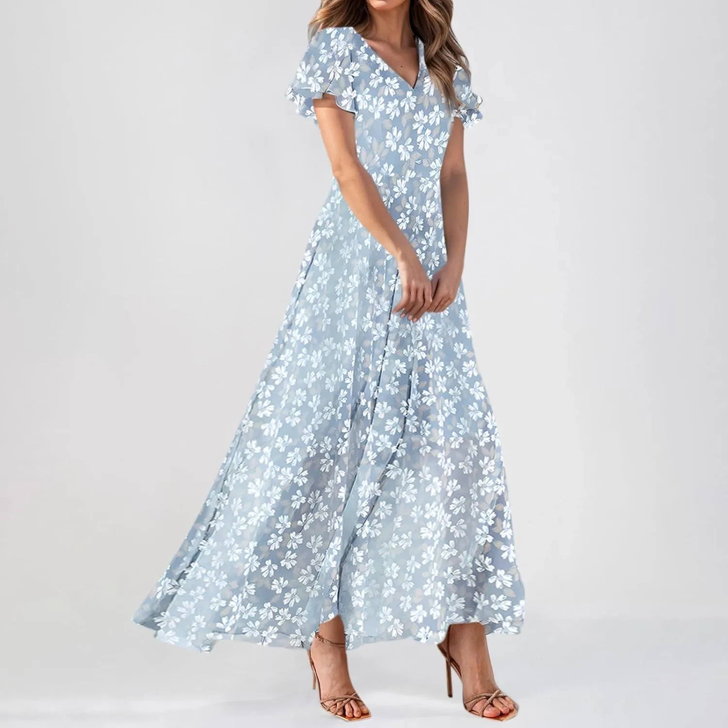 Church Dresses for Women 2025 Summer Short Sleeve Chiffon Floral Modest Dress Retro Boho Wedding Guest Dress