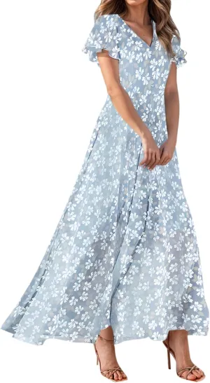 Church Dresses for Women 2025 Summer Short Sleeve Chiffon Floral Modest Dress Retro Boho Wedding Guest Dress