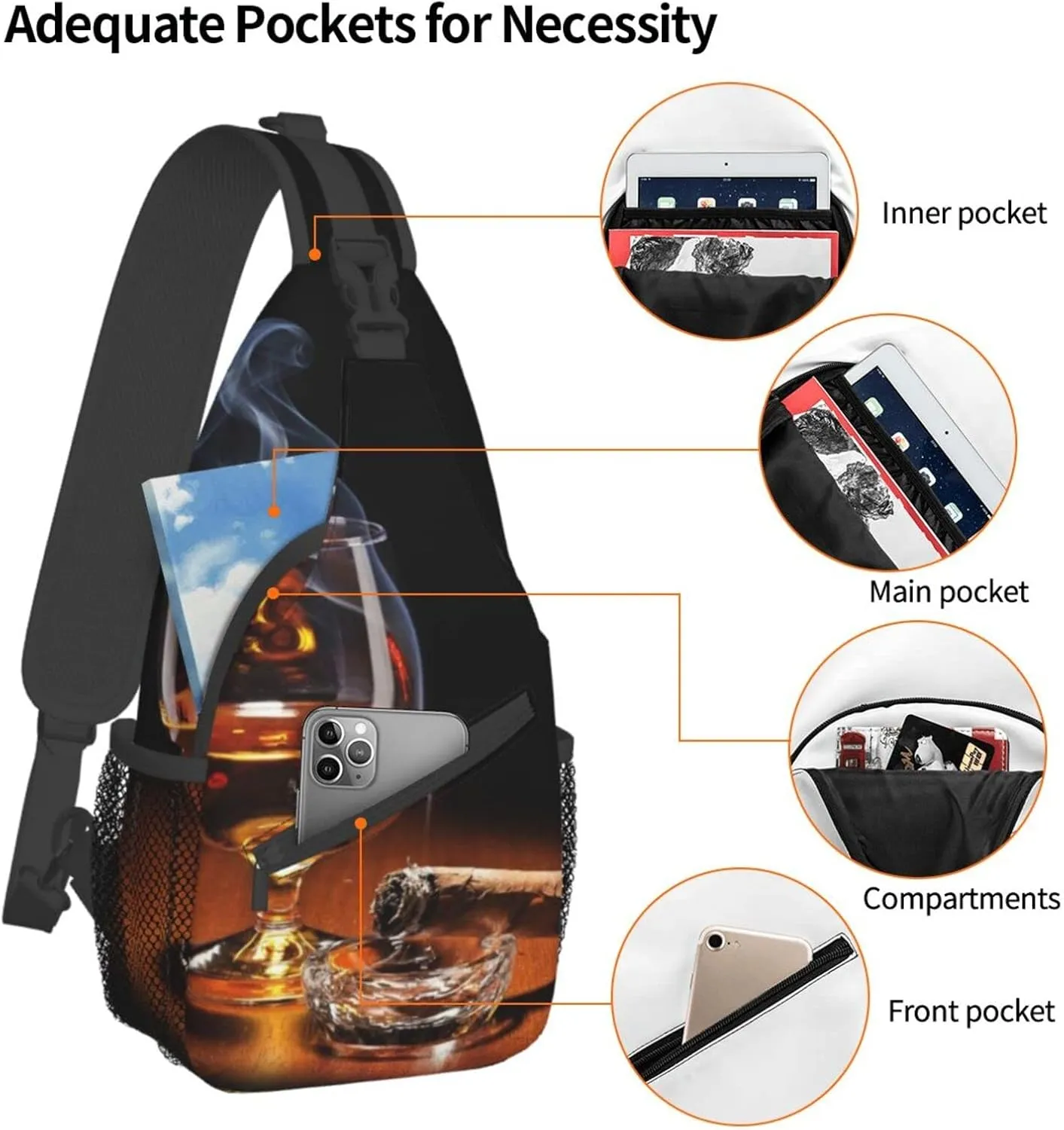 Cigar And Whiskey Cross Chest Bag Diagonally,Crossbody Backpack Travel Hiking Casual Chest Bags Lightweight Sling Bag
