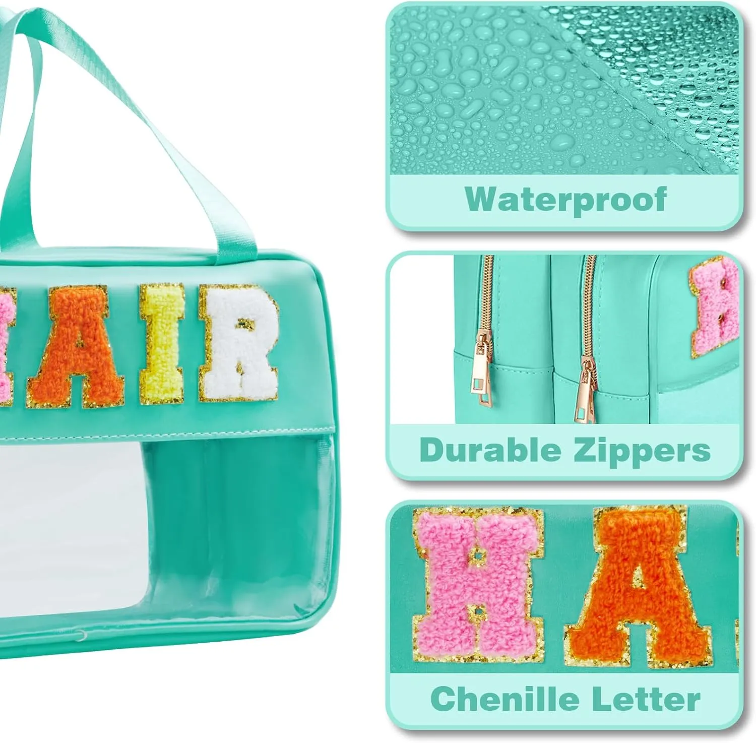 Clear Makeup Bags Hair Pouch Hair Accessories Organizer Chenille Letter Preppy Stuff Hair Bags for Hair Stuff Glitter Cosmetic Travel Toiletry Storage for Women Girl (Green-HAIR)