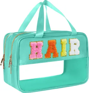 Clear Makeup Bags Hair Pouch Hair Accessories Organizer Chenille Letter Preppy Stuff Hair Bags for Hair Stuff Glitter Cosmetic Travel Toiletry Storage for Women Girl (Green-HAIR)