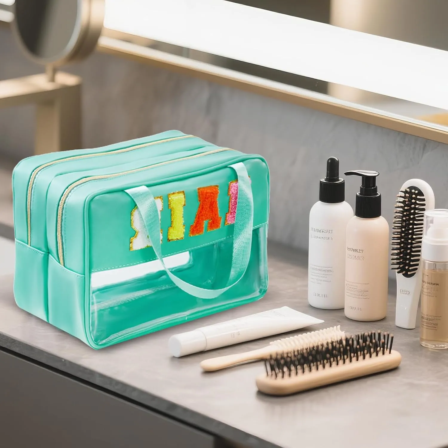 Clear Makeup Bags Hair Pouch Hair Accessories Organizer Chenille Letter Preppy Stuff Hair Bags for Hair Stuff Glitter Cosmetic Travel Toiletry Storage for Women Girl (Green-HAIR)