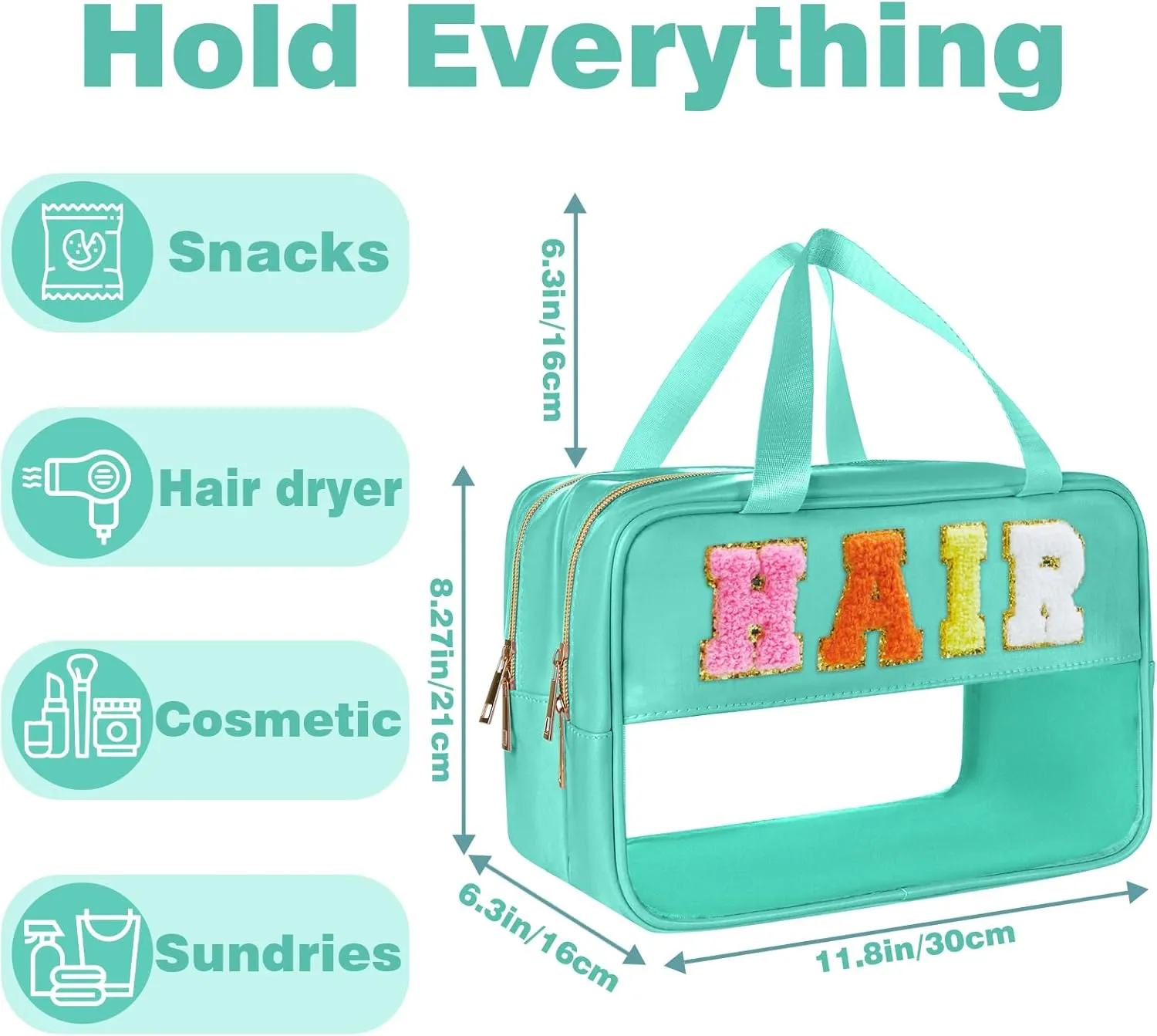 Clear Makeup Bags Hair Pouch Hair Accessories Organizer Chenille Letter Preppy Stuff Hair Bags for Hair Stuff Glitter Cosmetic Travel Toiletry Storage for Women Girl (Green-HAIR)