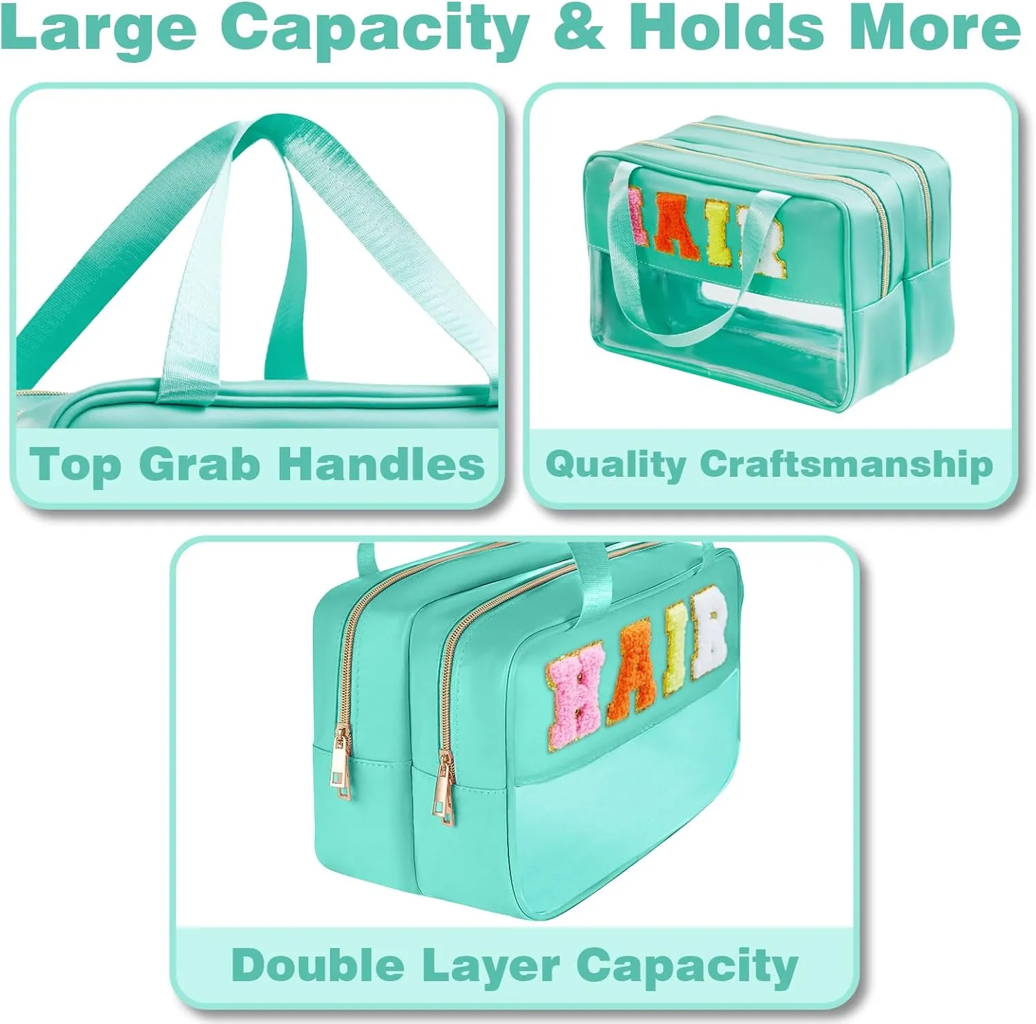 Clear Makeup Bags Hair Pouch Hair Accessories Organizer Chenille Letter Preppy Stuff Hair Bags for Hair Stuff Glitter Cosmetic Travel Toiletry Storage for Women Girl (Green-HAIR)