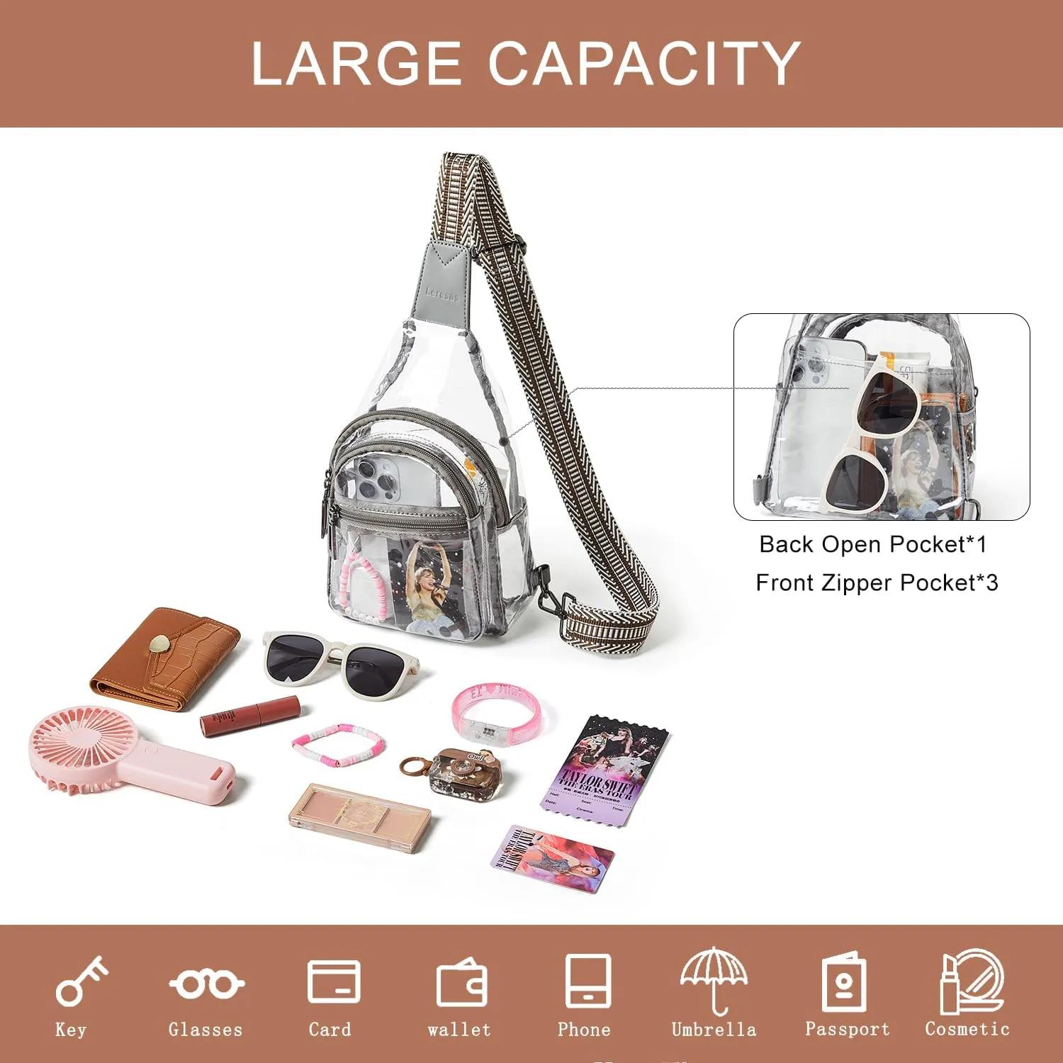 Clear Sling Bag - Stadium Approved Purse Backpack Crossbody Fanny Pack for Women & Men - Concert Events