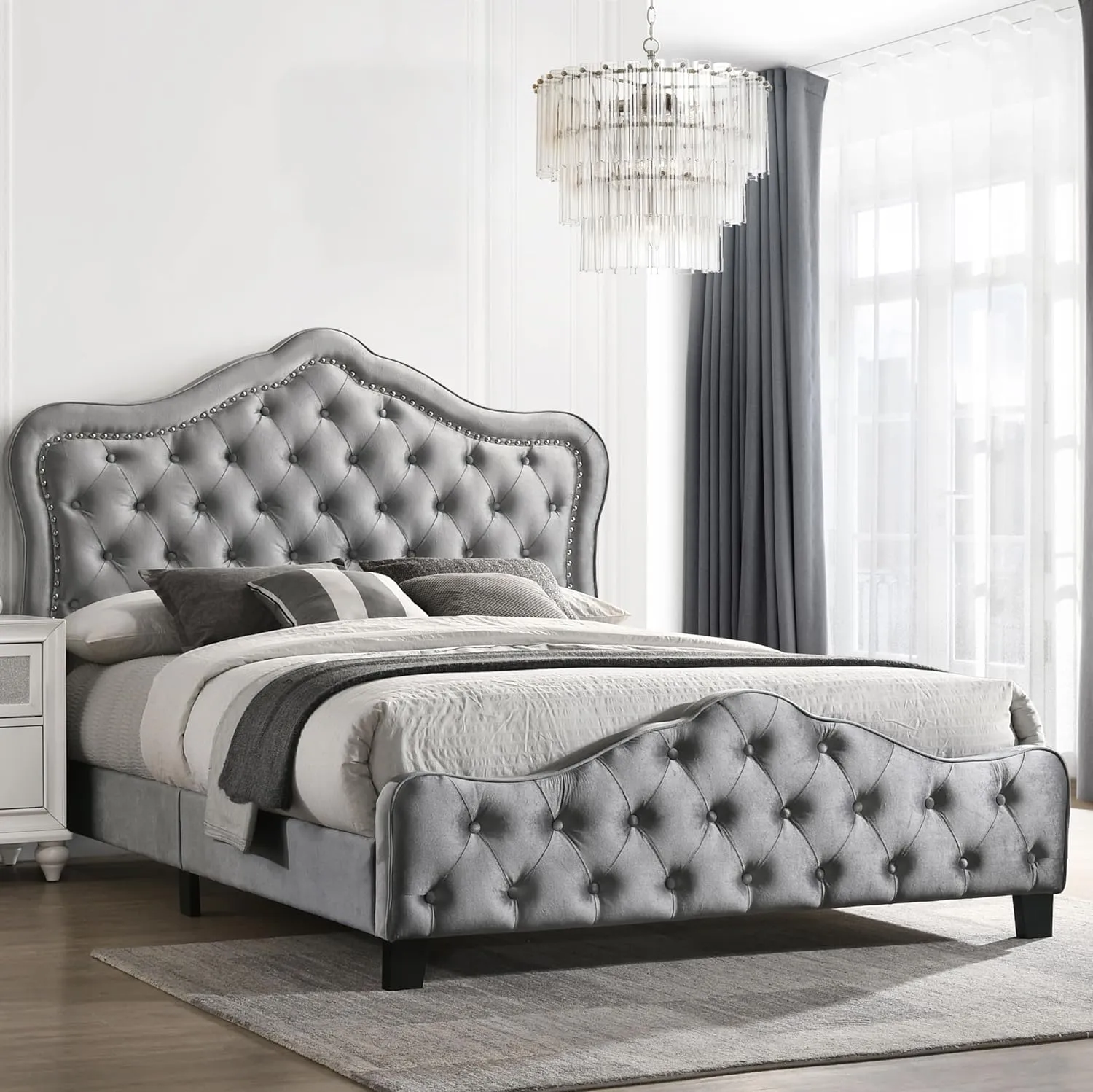 Coaster Home Furnishings Bella Modern Classic Velvet Upholstered California King Size Panel Bed Frame 55-inch Headboard Grey 315871KW