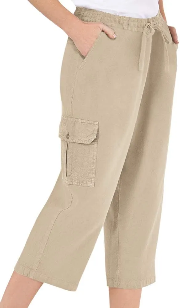 Collections Etc Elastic Waist Cargo Pocket Capri Pant