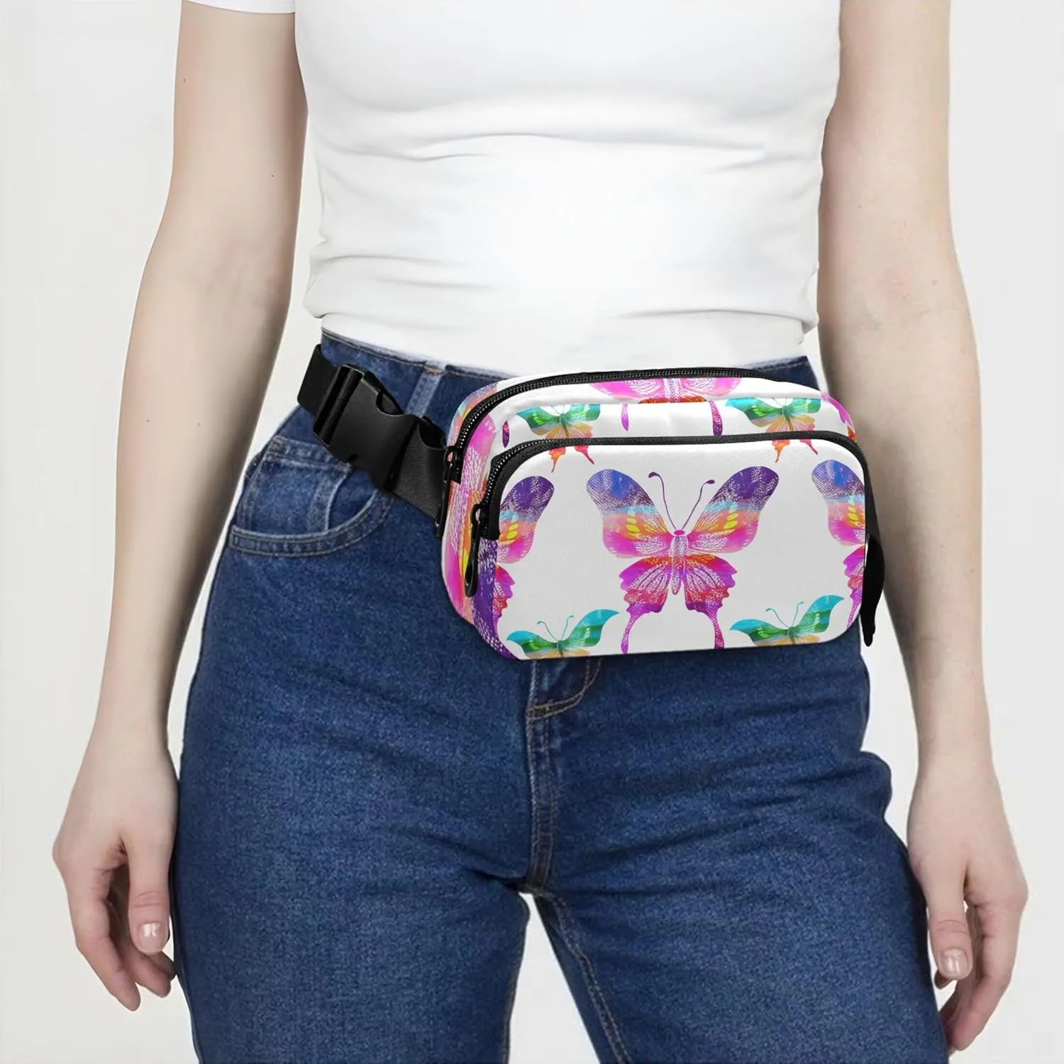 Colorful Butterflies Women Fanny Pack Waterproof Belt Bags Hip Pack Cartoon Cross Body Waist Pack