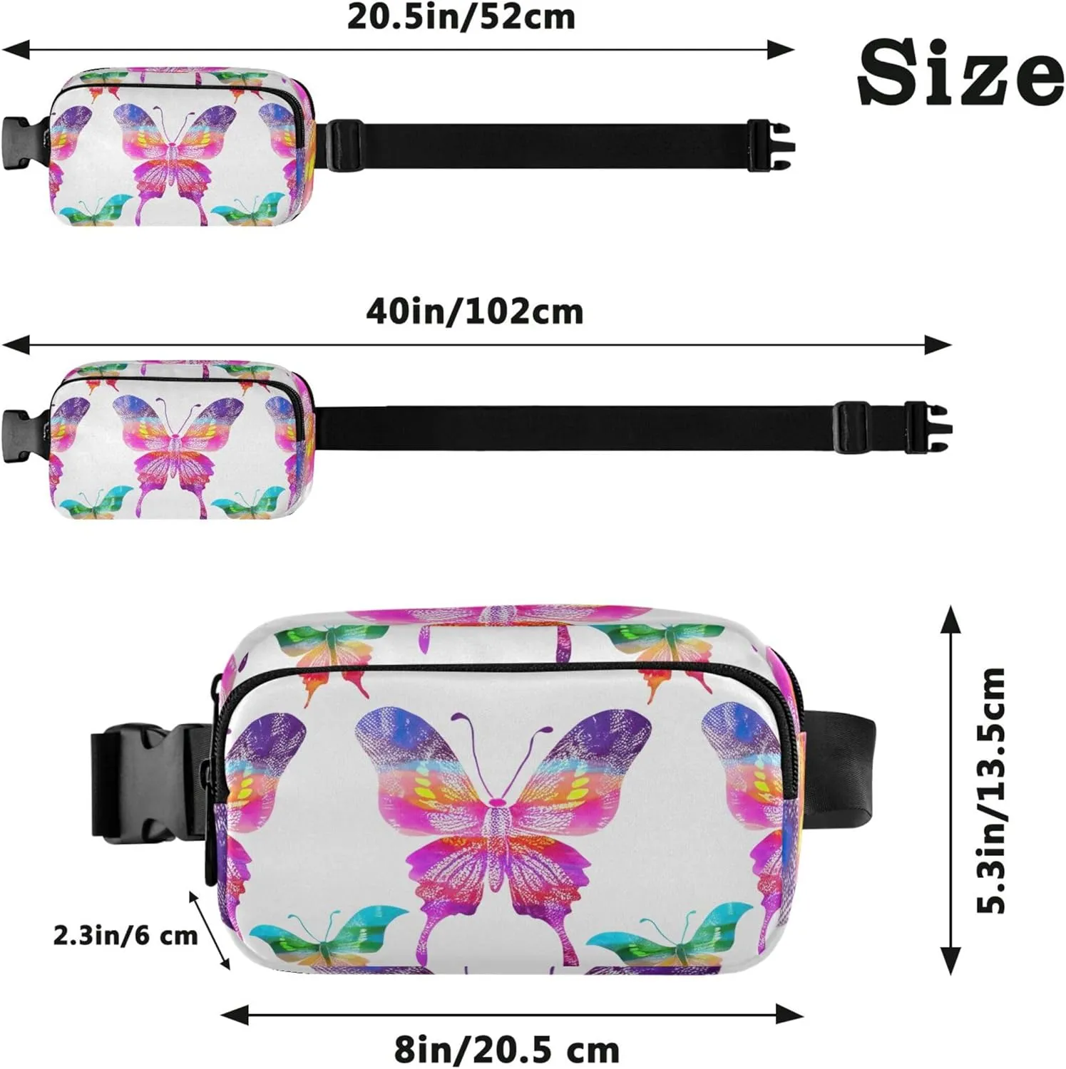Colorful Butterflies Women Fanny Pack Waterproof Belt Bags Hip Pack Cartoon Cross Body Waist Pack