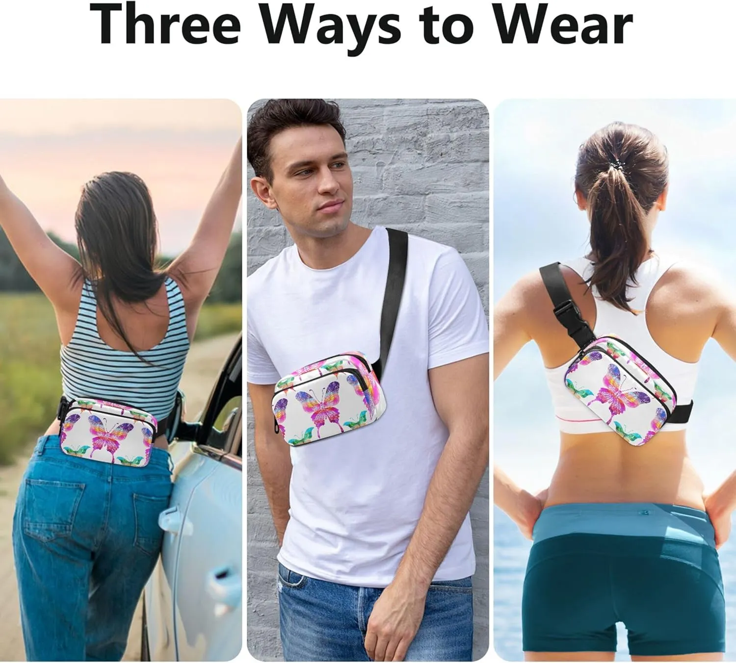 Colorful Butterflies Women Fanny Pack Waterproof Belt Bags Hip Pack Cartoon Cross Body Waist Pack