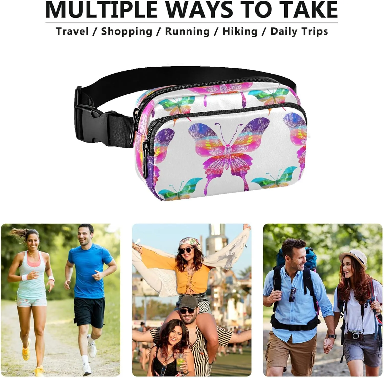 Colorful Butterflies Women Fanny Pack Waterproof Belt Bags Hip Pack Cartoon Cross Body Waist Pack