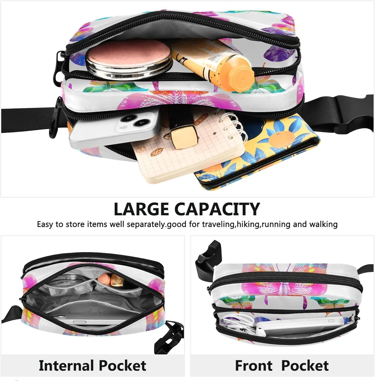 Colorful Butterflies Women Fanny Pack Waterproof Belt Bags Hip Pack Cartoon Cross Body Waist Pack
