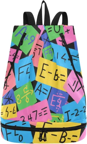 Colorful cartoon mathematical formulas Drawstring string bags beach bags for men with Wet Dry Compartments
