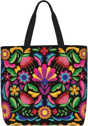 Colorful Floral Embroidery Mexican Tote Bag for Women Large Capacity Shopping Bags with Pocket Zipper Beach Bag for Shopping Beach Grocery