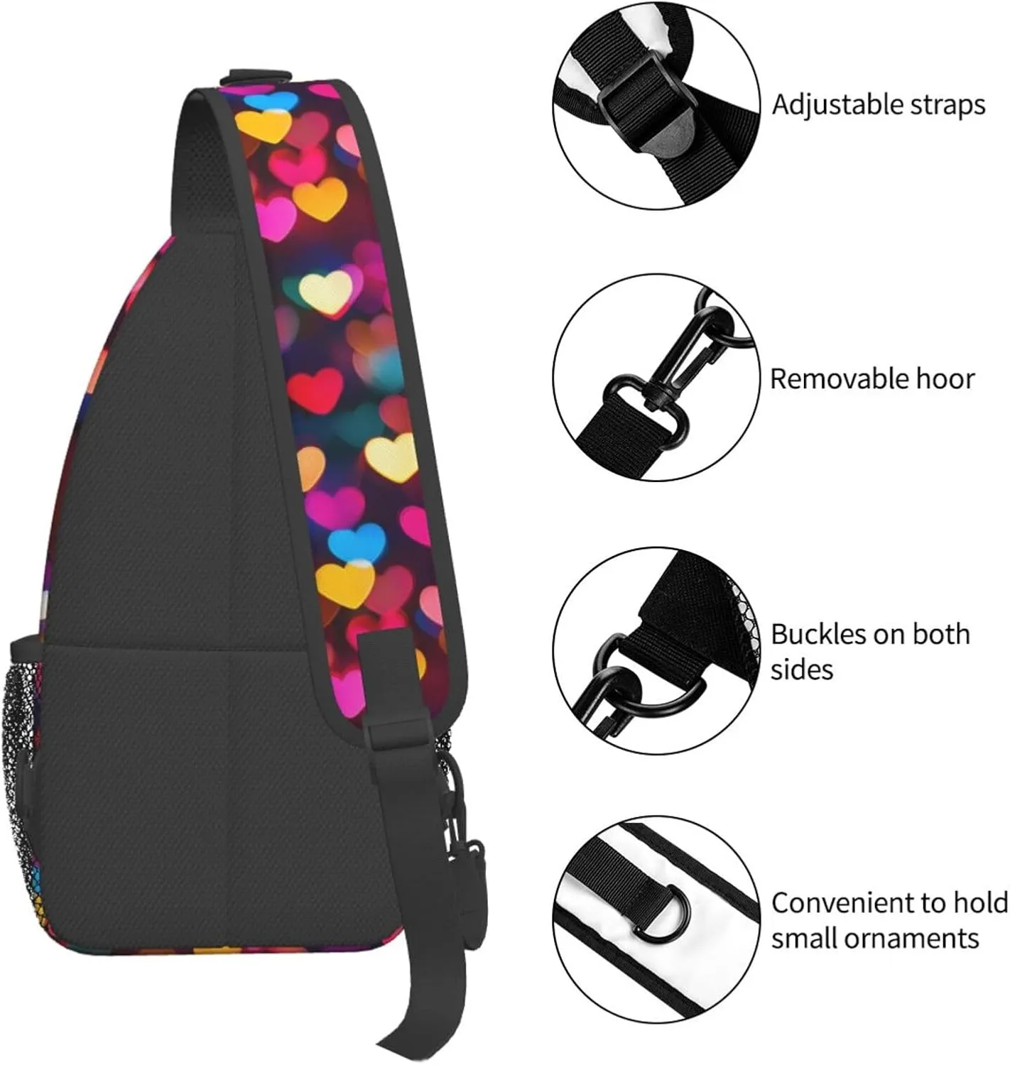 Colorful Hearts Crossbody Sling Bag For Women Men Fashion Adjustable Chest Bag Shoulder Bag Sling Backpack Daypack For Sport Travel Hiking