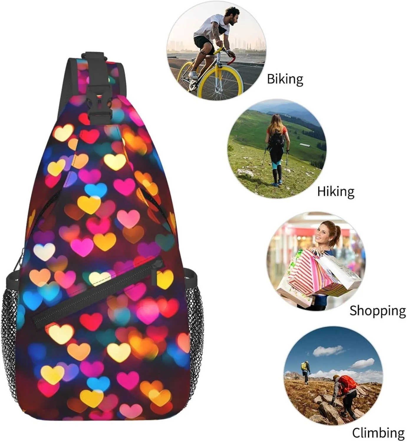 Colorful Hearts Crossbody Sling Bag For Women Men Fashion Adjustable Chest Bag Shoulder Bag Sling Backpack Daypack For Sport Travel Hiking