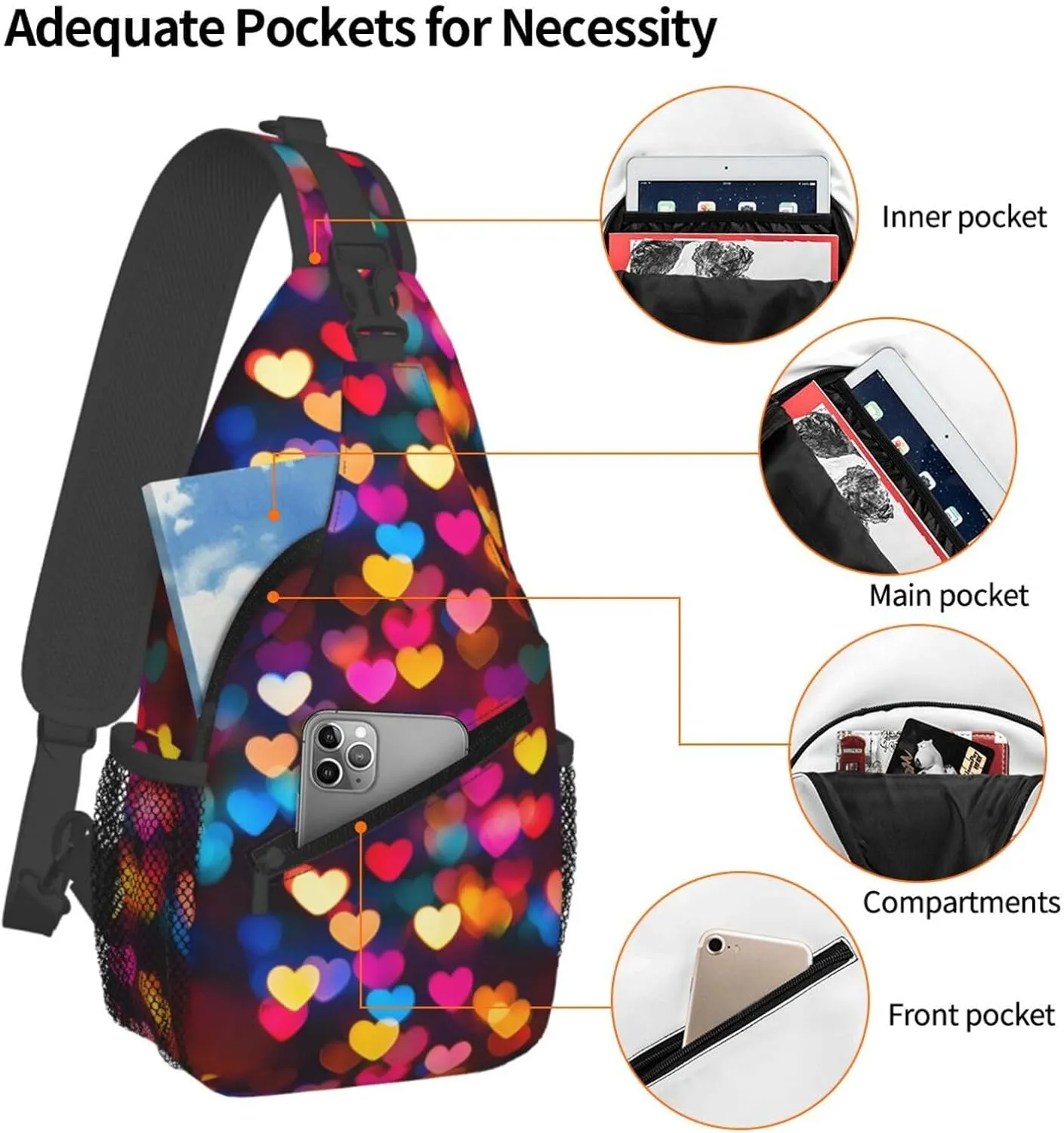 Colorful Hearts Crossbody Sling Bag For Women Men Fashion Adjustable Chest Bag Shoulder Bag Sling Backpack Daypack For Sport Travel Hiking