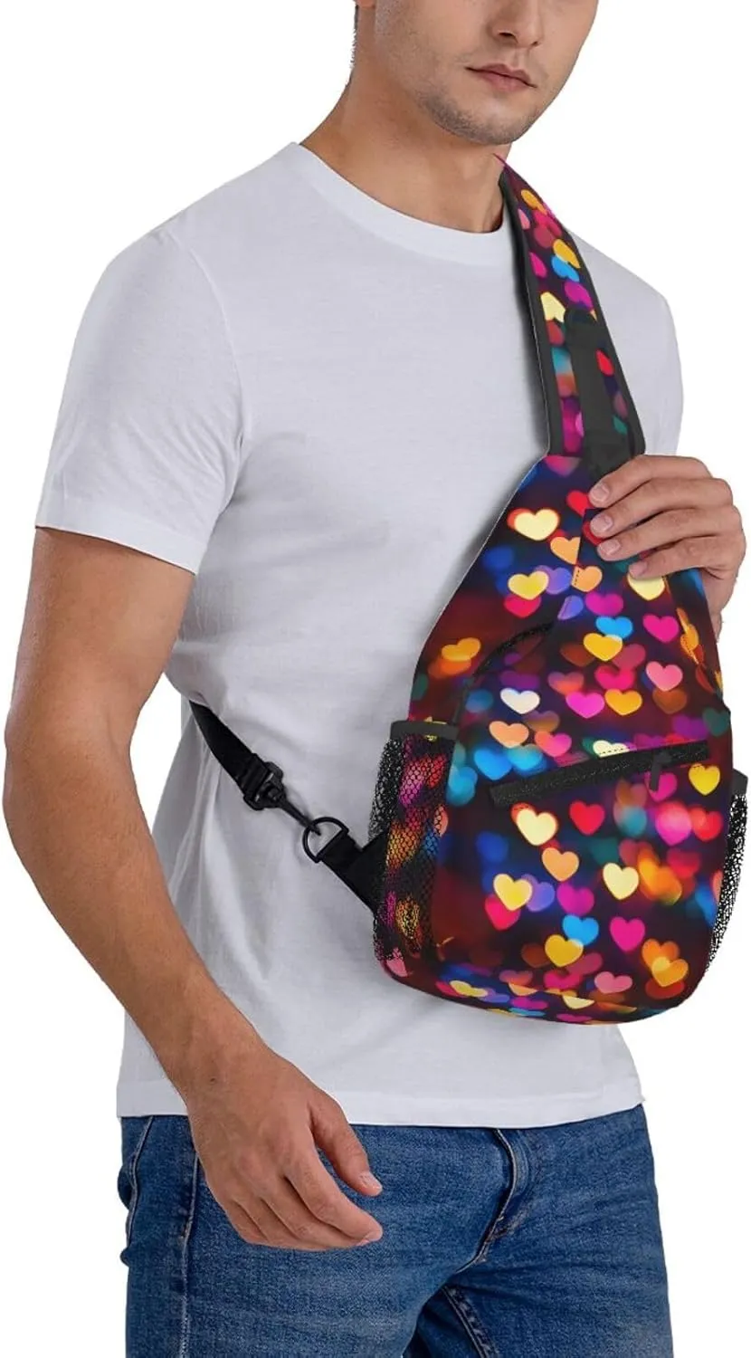 Colorful Hearts Crossbody Sling Bag For Women Men Fashion Adjustable Chest Bag Shoulder Bag Sling Backpack Daypack For Sport Travel Hiking