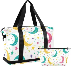 Colorful Moon Stars Duffel Bags Overnight Bag with Adjustable Strap for Hiking Foldable