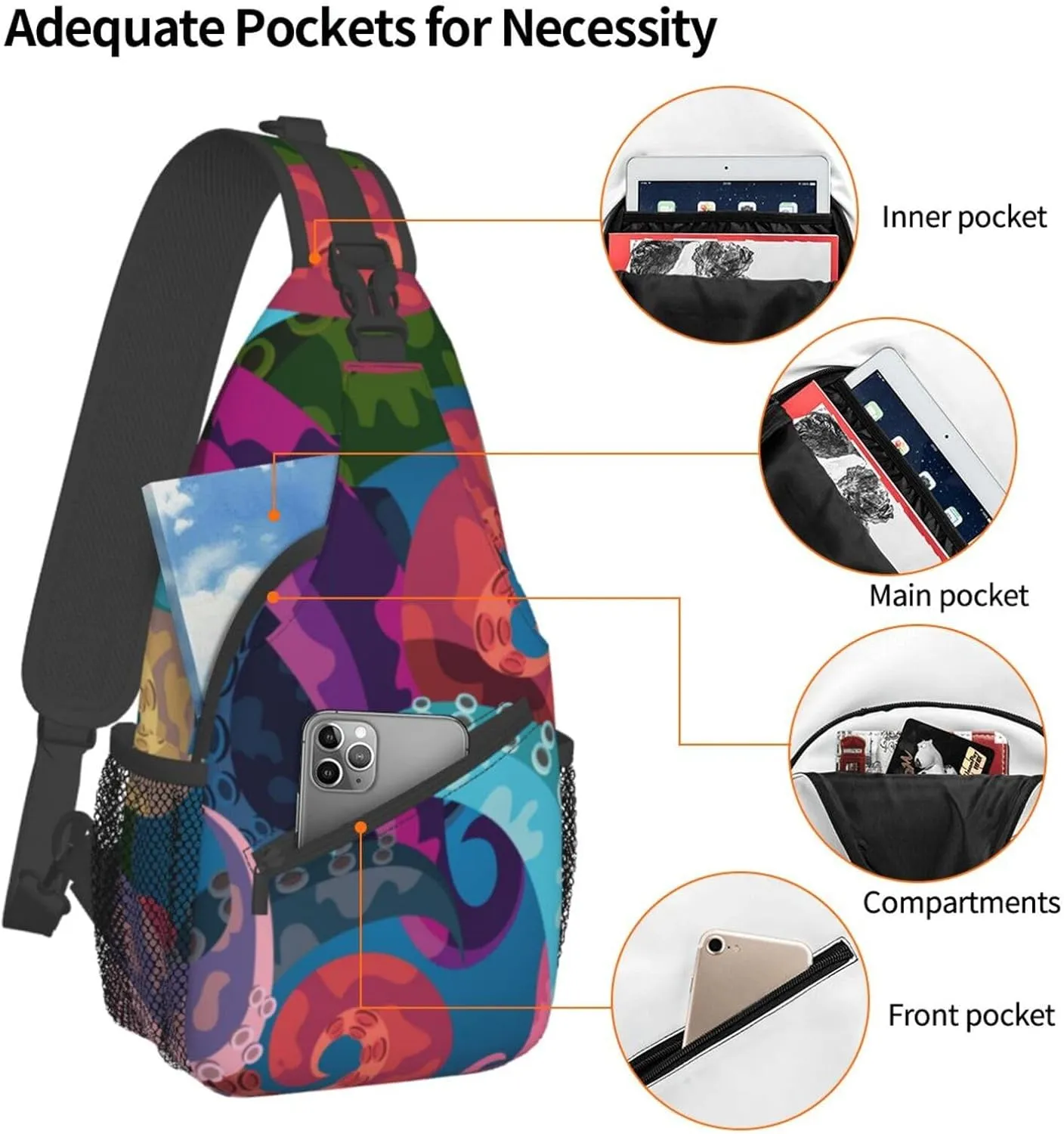 Colorful Octopus Tentacles Sling Bag for Women Mens Crossbody Sling Backpack Cycling Hiking Daypack Shoulder Chest Bag with Adjustable Strap