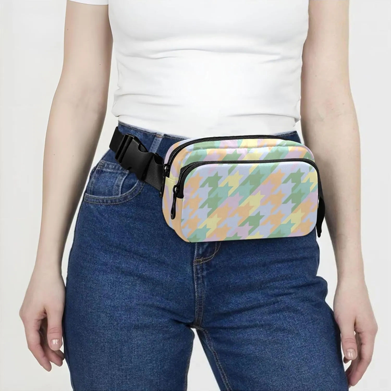 Colorful Pastel Houndstooth Fanny Packs Women Waterproof Hip Pack Belt Pouch Festival Travel Waist Bag