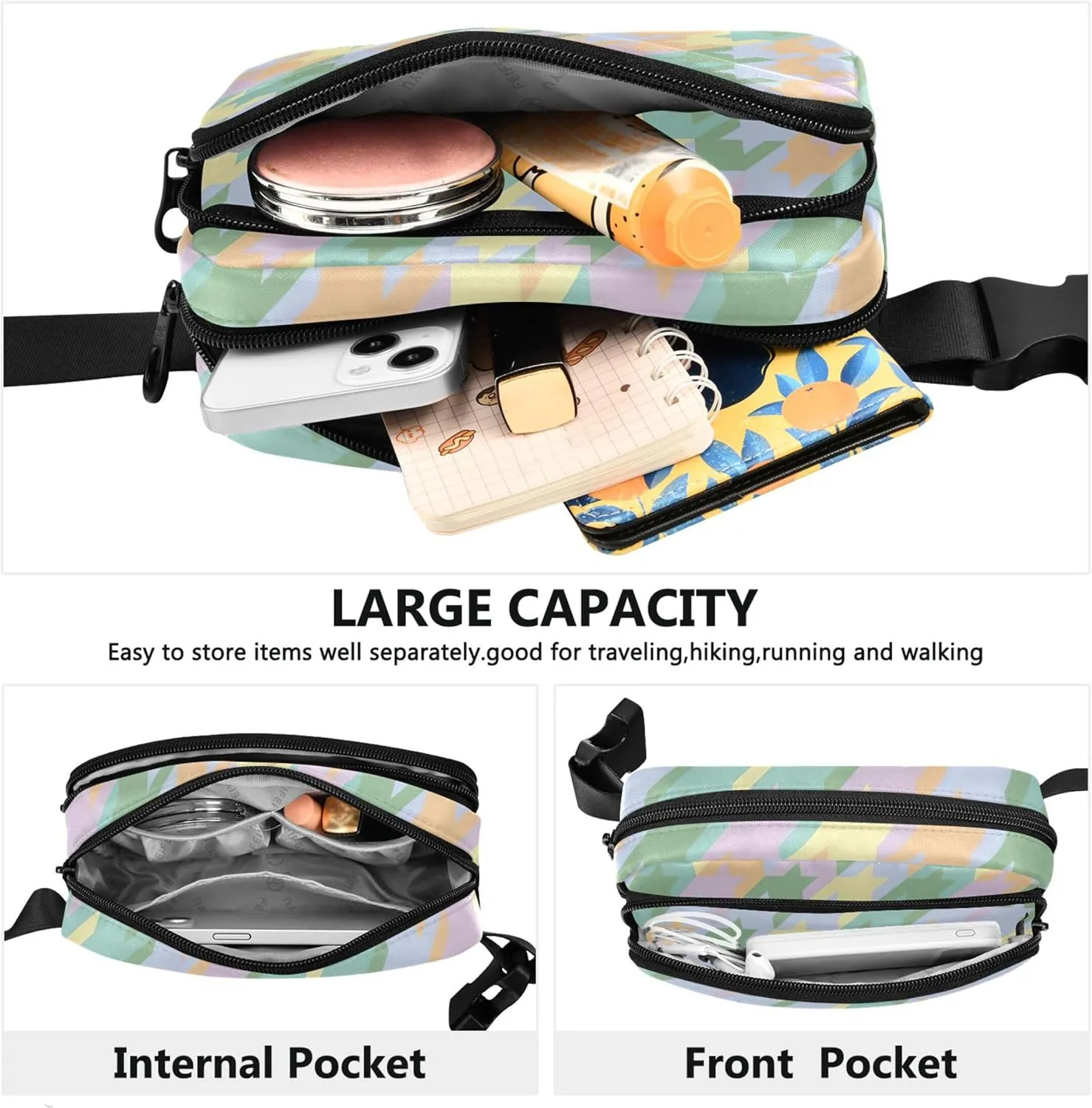 Colorful Pastel Houndstooth Fanny Packs Women Waterproof Hip Pack Belt Pouch Festival Travel Waist Bag