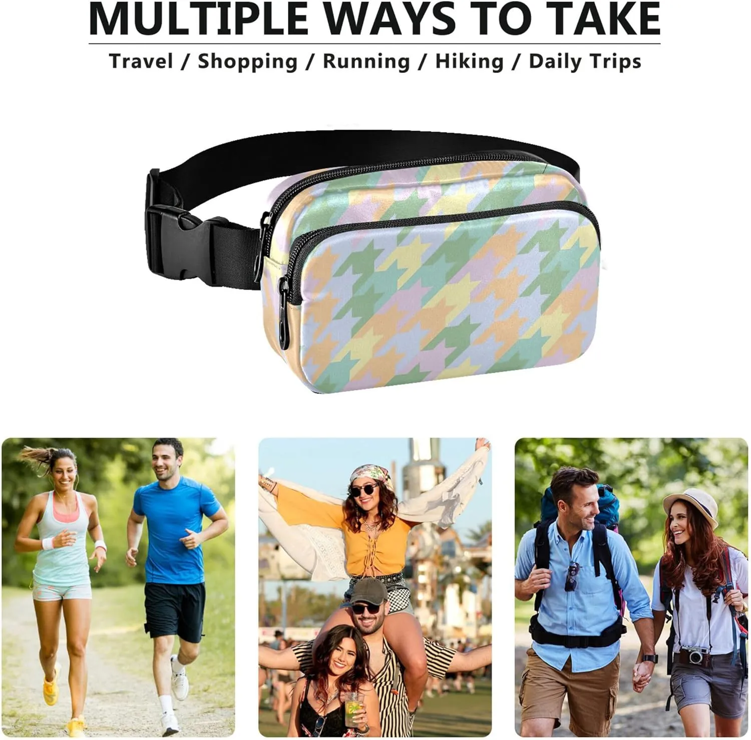 Colorful Pastel Houndstooth Fanny Packs Women Waterproof Hip Pack Belt Pouch Festival Travel Waist Bag