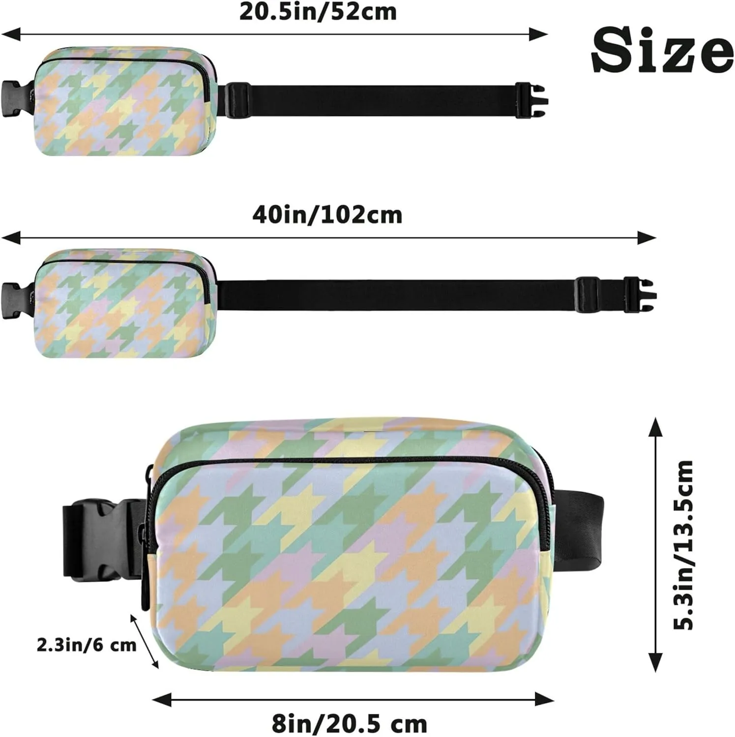 Colorful Pastel Houndstooth Fanny Packs Women Waterproof Hip Pack Belt Pouch Festival Travel Waist Bag