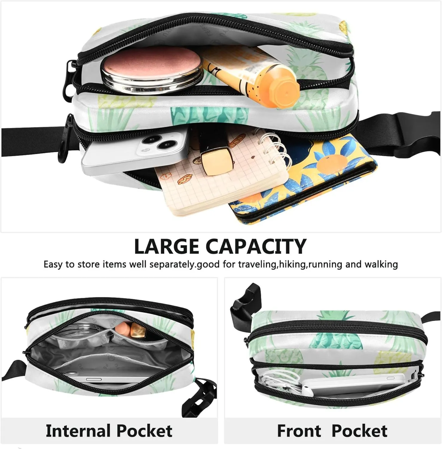 Colorful Pineapples Tropical Teal Fanny Packs for Women Cartoon Anti Theft Belt Bag Waterproof Crossbody Waist Pack