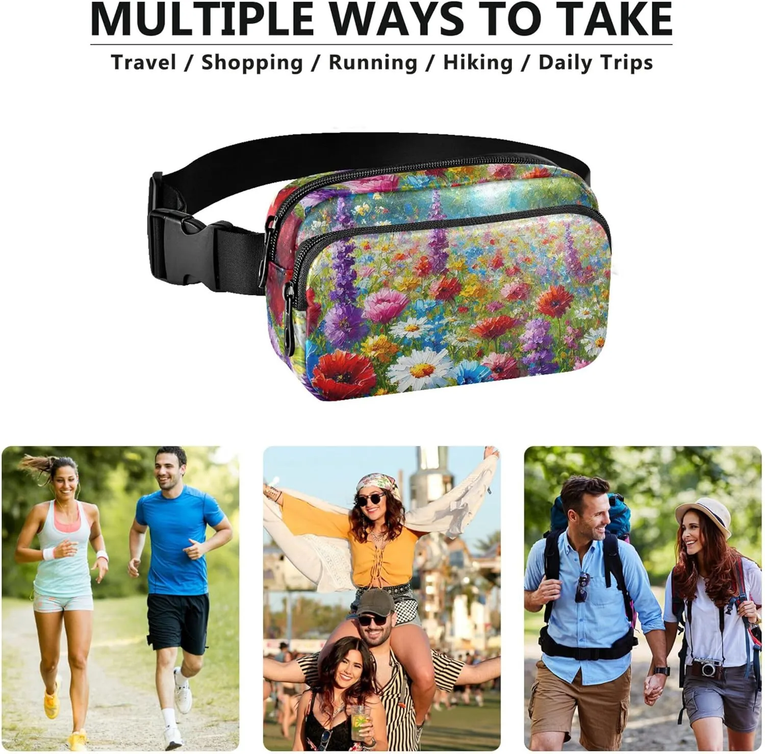 Colorful Summer Wildflower Field Fanny Packs for Women Bright Color Belt Bag Hip Pouch Waterproof Cross Body Waist Purse