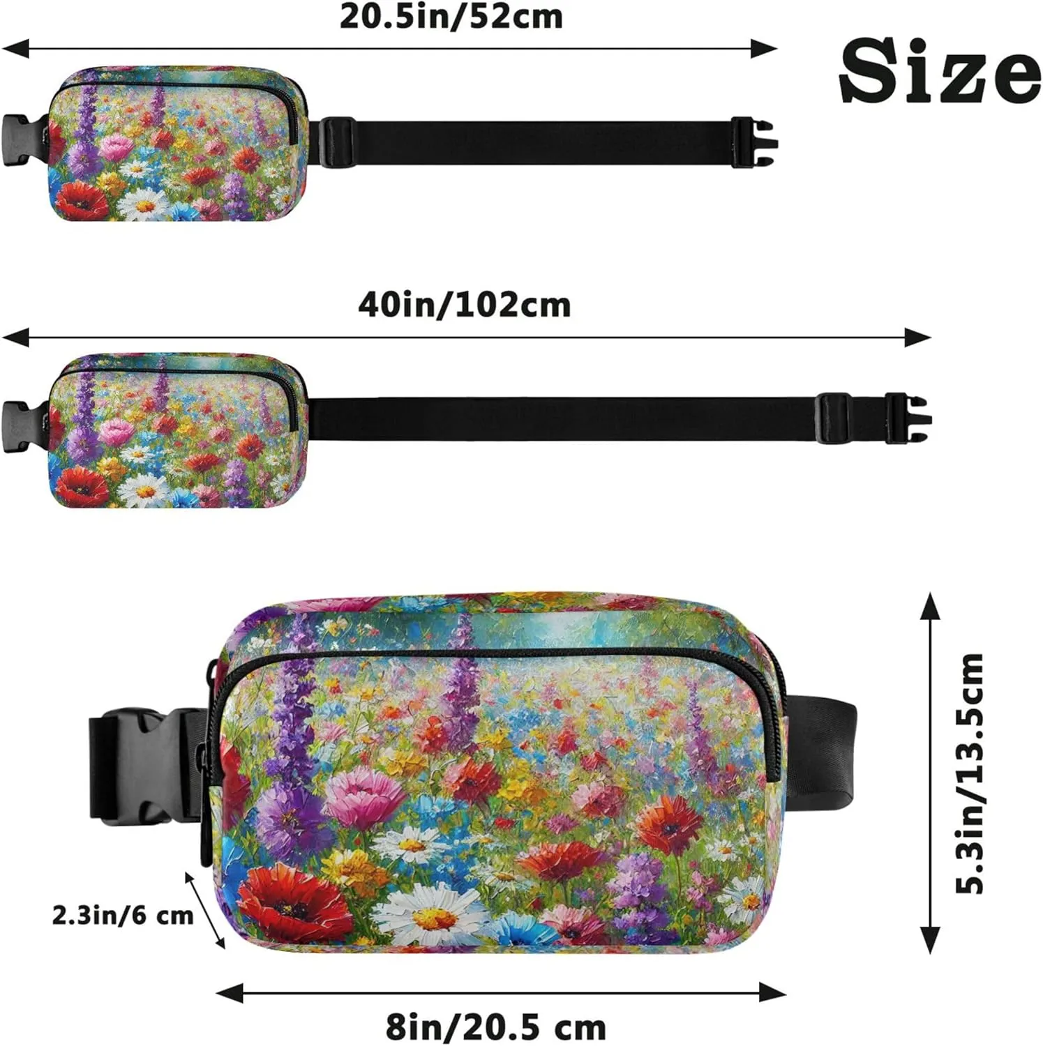 Colorful Summer Wildflower Field Fanny Packs for Women Bright Color Belt Bag Hip Pouch Waterproof Cross Body Waist Purse