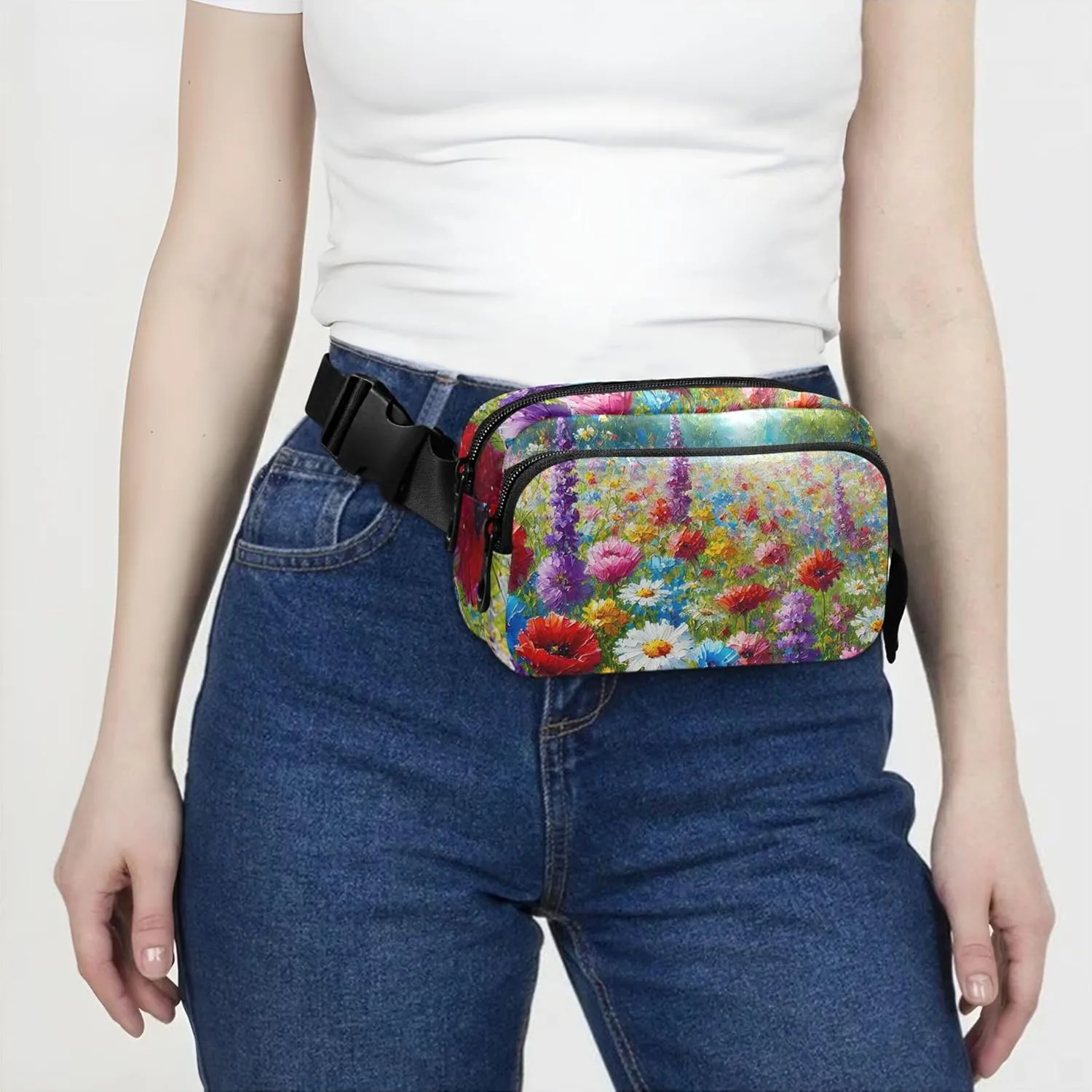 Colorful Summer Wildflower Field Fanny Packs for Women Bright Color Belt Bag Hip Pouch Waterproof Cross Body Waist Purse