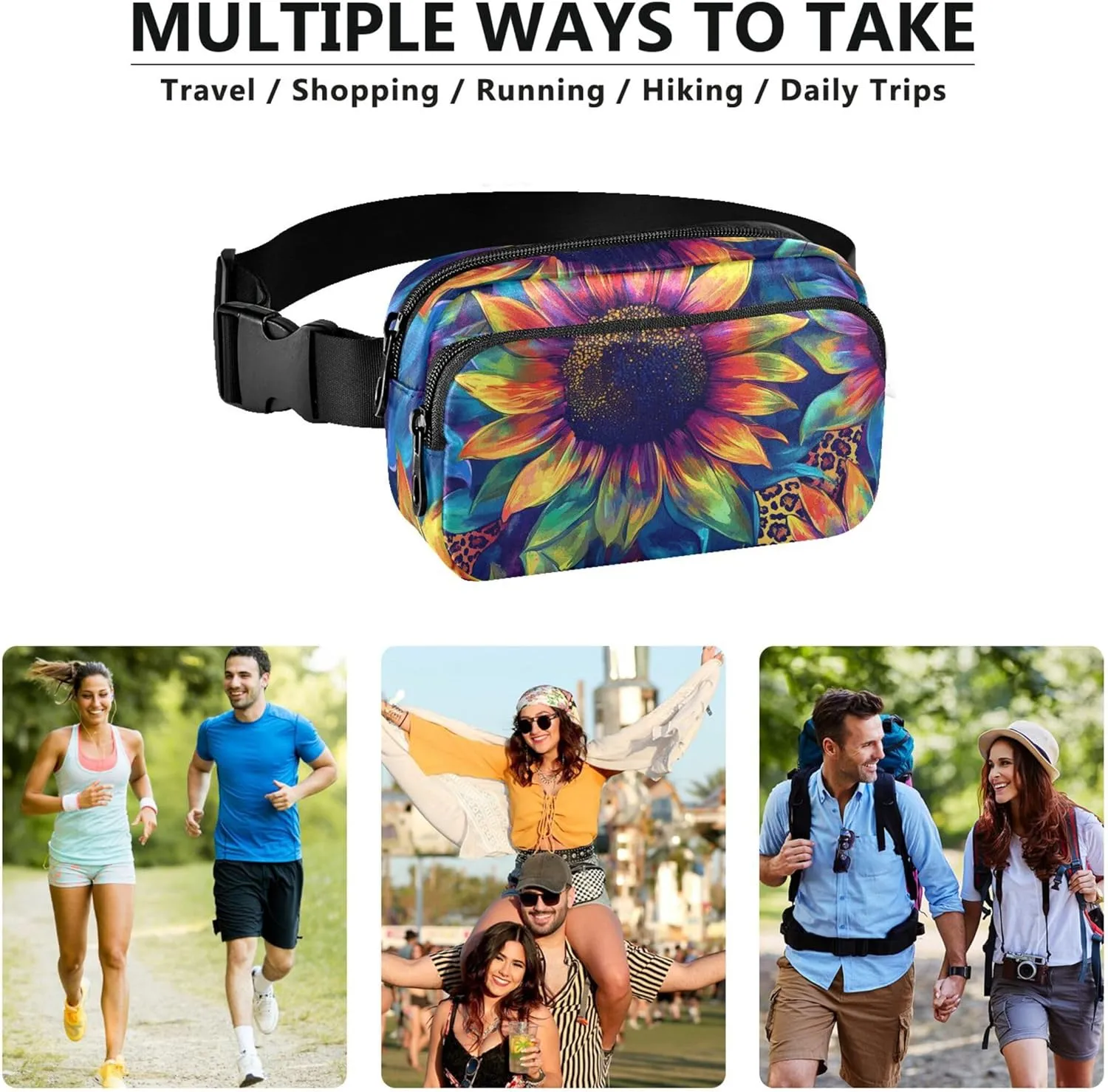 Colorful Sunflower Tie Dye Fanny Packs for Women Waterproof Hip Pack Belt Bag Bright Color Crossbody Waist Pack