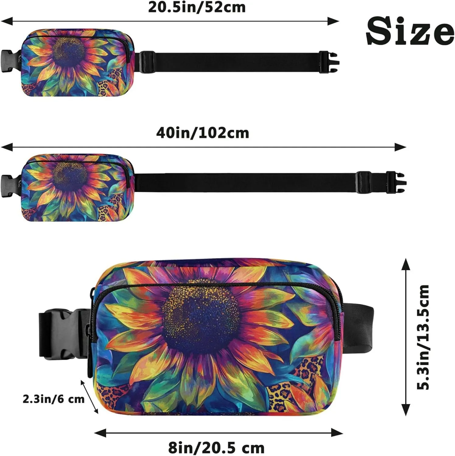 Colorful Sunflower Tie Dye Fanny Packs for Women Waterproof Hip Pack Belt Bag Bright Color Crossbody Waist Pack