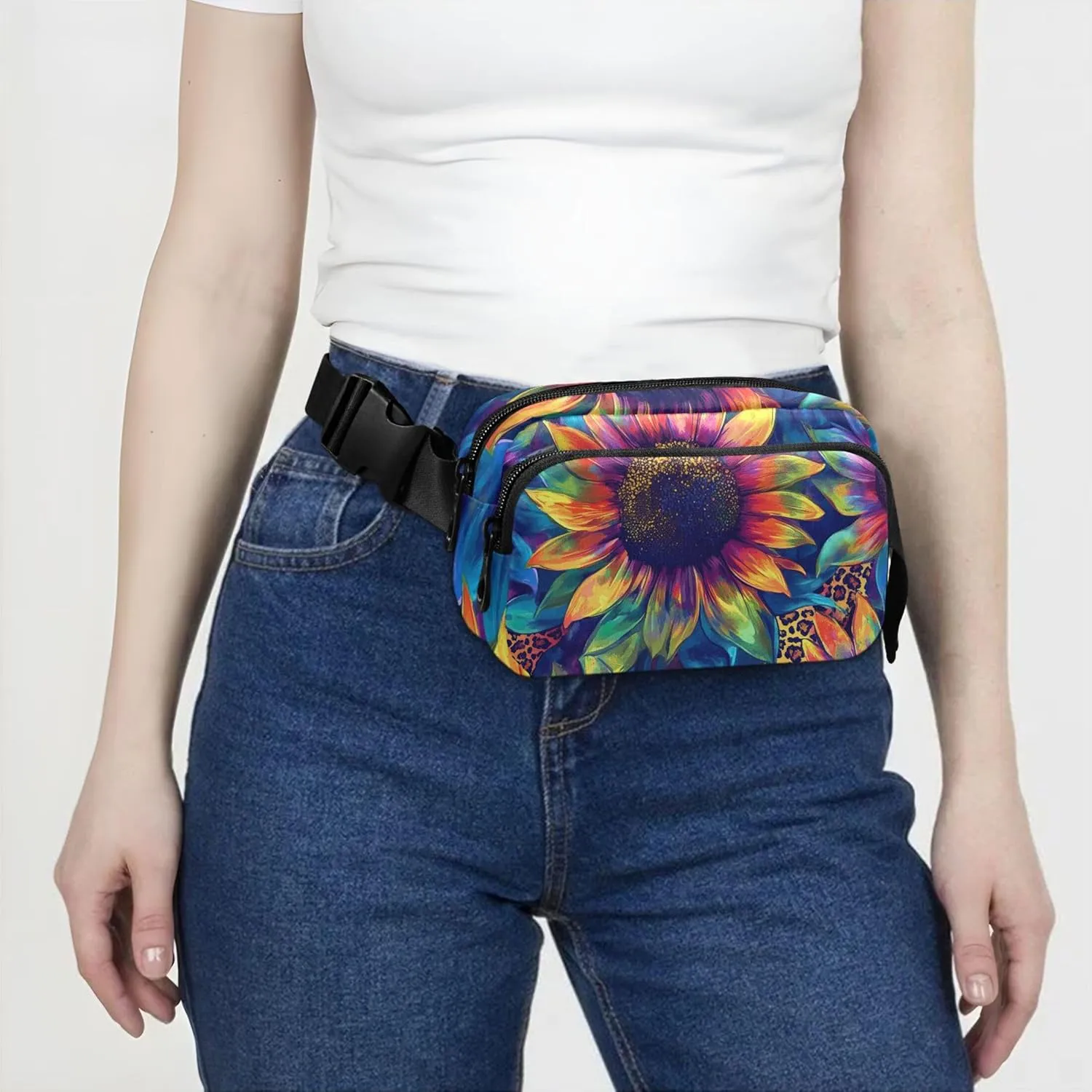 Colorful Sunflower Tie Dye Fanny Packs for Women Waterproof Hip Pack Belt Bag Bright Color Crossbody Waist Pack
