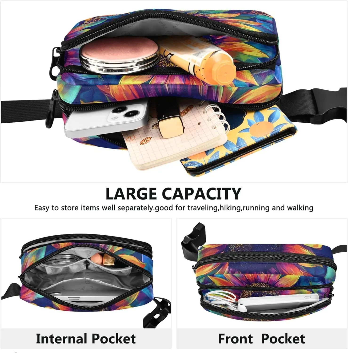Colorful Sunflower Tie Dye Fanny Packs for Women Waterproof Hip Pack Belt Bag Bright Color Crossbody Waist Pack