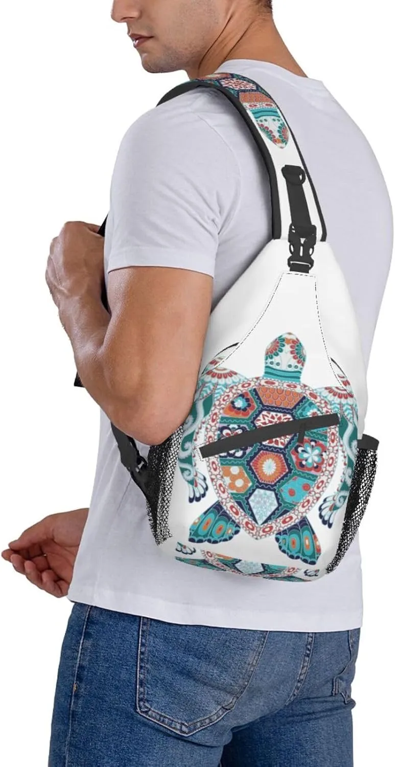 Colorful Turtle Mandala Tribal Sling Bag for Women Men Crossbody Sling Backpack Hiking Travel Daypack Shoulder Chest Bag with Adjustable Strap