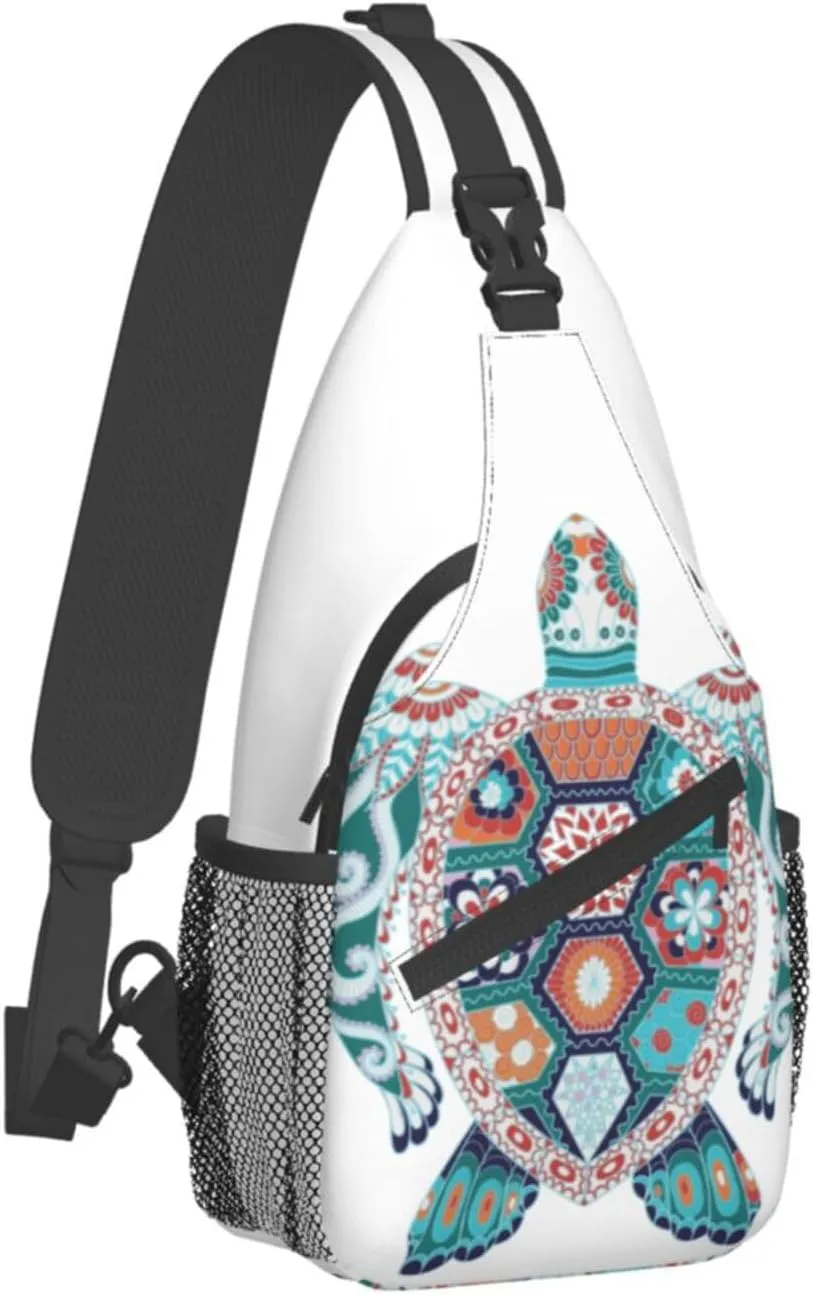 Colorful Turtle Mandala Tribal Sling Bag for Women Men Crossbody Sling Backpack Hiking Travel Daypack Shoulder Chest Bag with Adjustable Strap