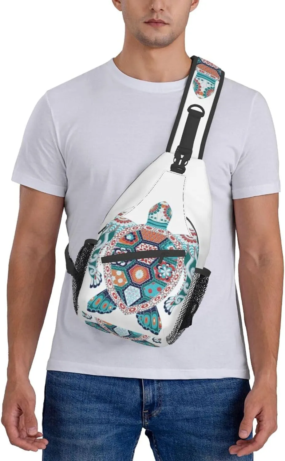 Colorful Turtle Mandala Tribal Sling Bag for Women Men Crossbody Sling Backpack Hiking Travel Daypack Shoulder Chest Bag with Adjustable Strap